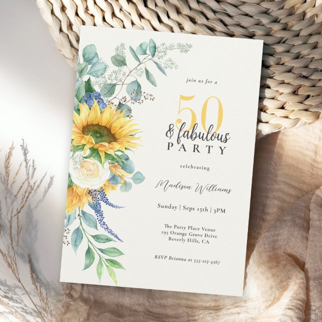 Bright Sunflowers Floral 50 and Fabulous Birthday Invitation (Available as printed or paperless digital download!)