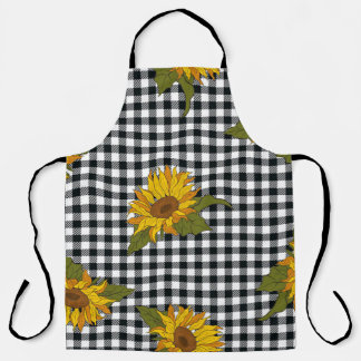 Bright sunflowers on a black and white buffalo che apron