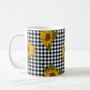 Bright sunflowers on a black and white buffalo che coffee mug