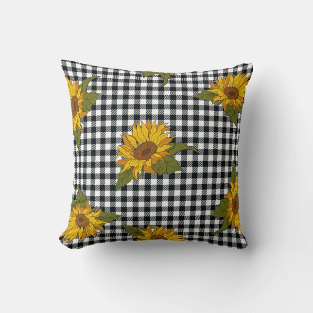 Bright sunflowers on a black and white buffalo che cushion (Front)