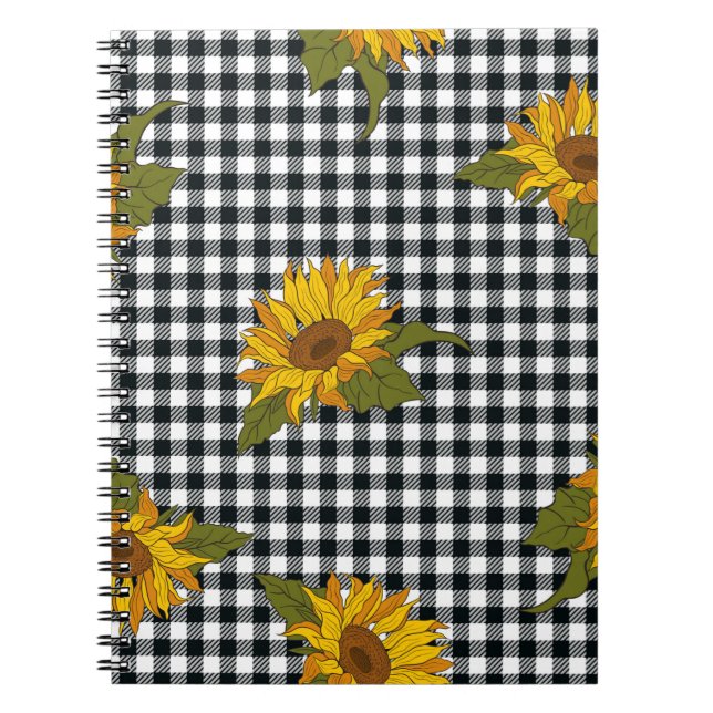 Bright sunflowers on a black and white buffalo che notebook (Front)