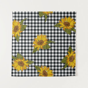 Bright sunflowers on a black and white buffalo che tapestry