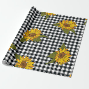 Bright sunflowers on a black and white buffalo che wrapping paper