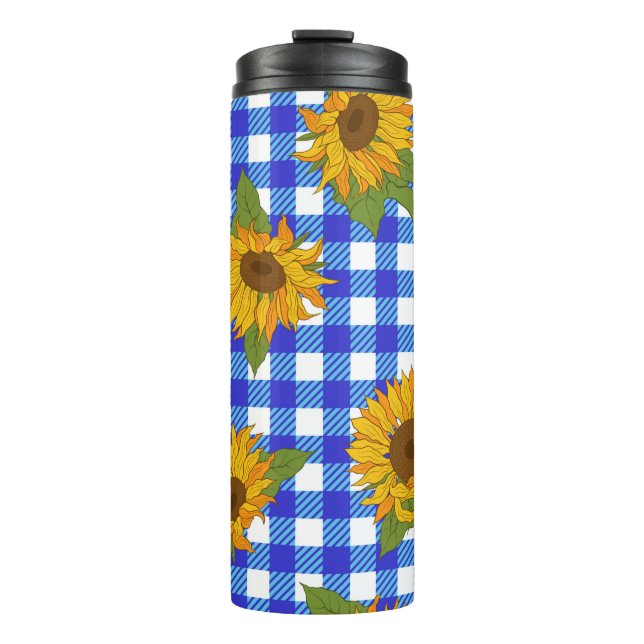 Bright sunflowers on a checkered background. Vinta Thermal Tumbler (Front)