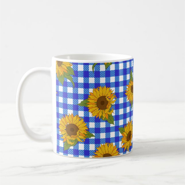 Bright sunflowers on a chequered background. Vinta Coffee Mug (Left)