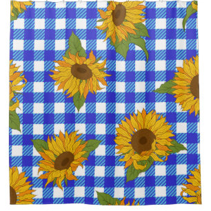 Bright sunflowers on a chequered background. Vinta Shower Curtain