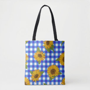 Bright sunflowers on a chequered background. Vinta Tote Bag