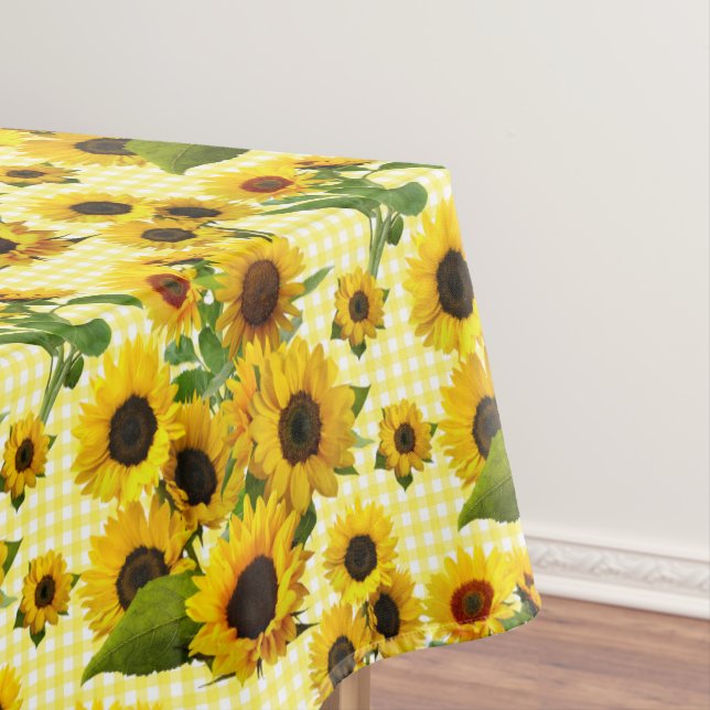 Bright Sunflowers on Yellow White Plaid Check Tablecloth (In Situ)