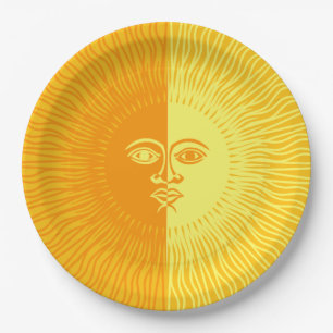 Bright Sunshine Yellow and Orange Sun with Face Paper Plate