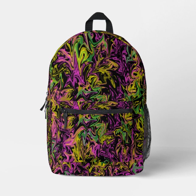 Bright Swirls of Pink Green Yellow Black Abstract Printed Backpack (Front)