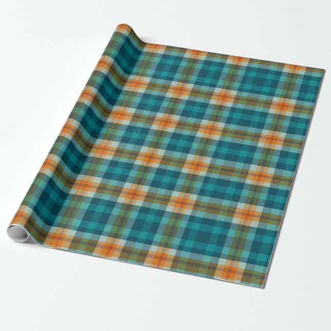 Bright Tartan Plaid, Teal and Gold Wrapping Paper (Unrolled)