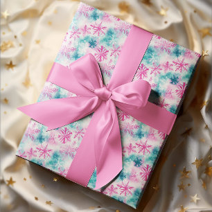 Bright Teal and Pink Snowflake Holiday Wrapping Paper