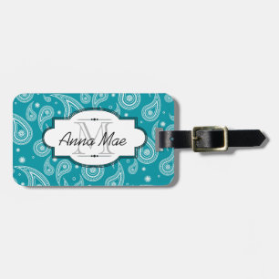 Bright Teal and White Paisley Luggage Tag