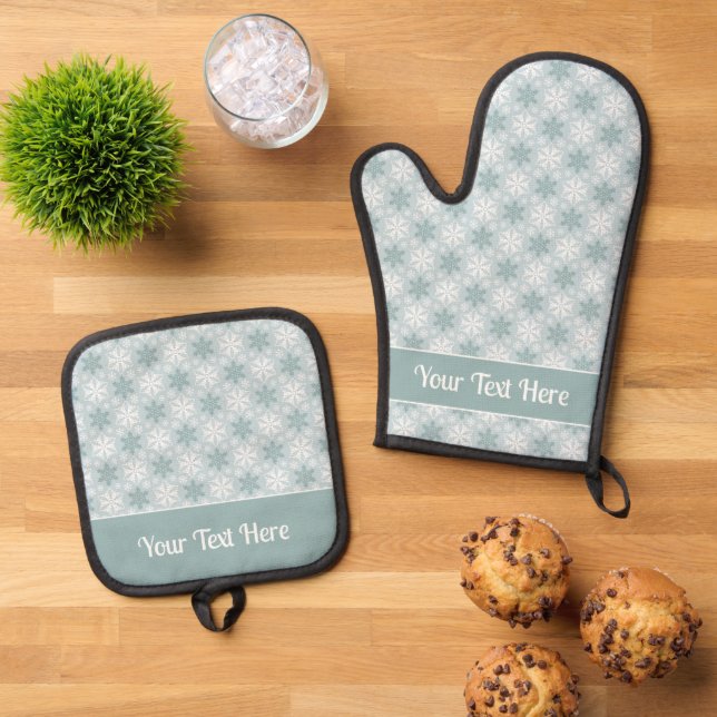 Bright Teal and Winter White Snowflake Pattern Oven Mitt & Pot Holder Set (Top Down)