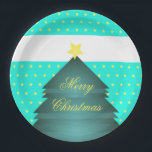 Bright Teal Beach Christmas Theme Paper Plate<br><div class="desc">Large paper plates, the merry Christmas text can be changed to any message, or text is removable. The white stripe or teal background can be changed to any colour to compliment your style. Tree, stars, or stripe are each removable. Personalise to suit your style. Fun for beach themed Christmas party....</div>