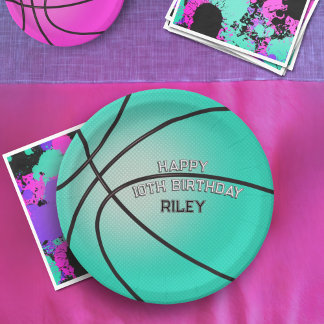 Bright Teal Blue Basketball Happy Birthday Name Paper Plate