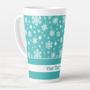 Bright Teal Blue Winter White Snowflake Pattern Latte Mug