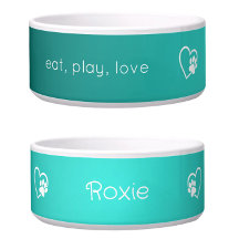 Bright Teal Eat Play Love Custom Dog Name Bowl