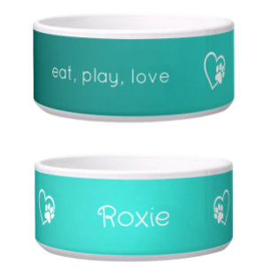 Bright Teal Eat Play Love Custom Dog Name Bowl