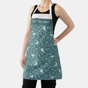 Bright Teal Green Winter White Bird Floral Pattern Apron
