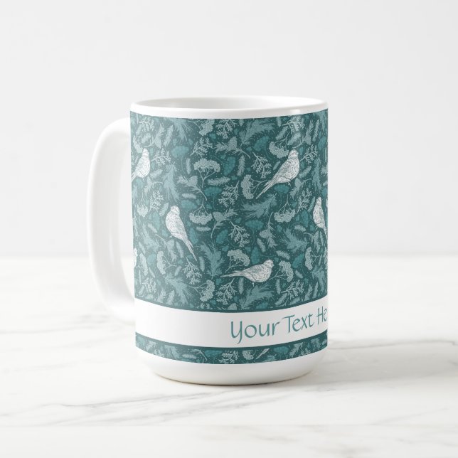 Bright Teal Green Winter White Bird Floral Pattern Coffee Mug (Front Left)