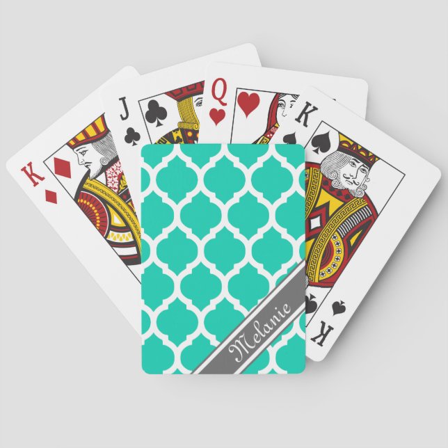 Bright Teal & Grey Lattice Custom Name Playing Cards (Back)