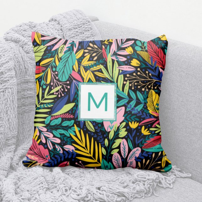Bright Teal Monogram Modern Leaves Line Art Cushion (Modern Bright and Colorful Cheery Leaves Pattern Pillow with Teal Monogram)