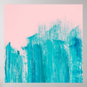 Bright Teal Painted Brushstrokes on Pastel Pink Poster