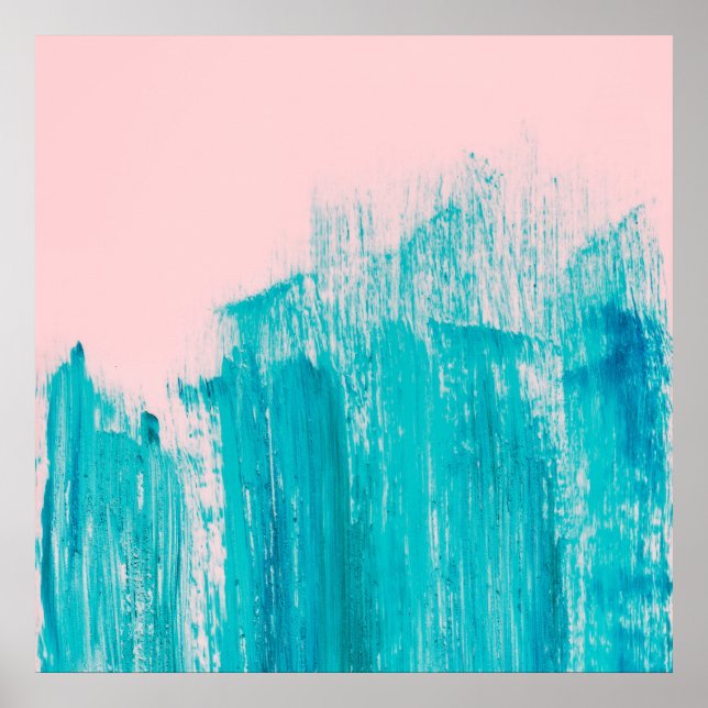 Bright Teal Painted Brushstrokes on Pastel Pink Poster (Front)