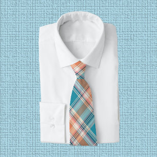 Bright Teal, Peach & White Plaid Tie