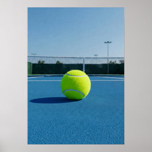 Bright Tennis Ball on Blue Court View Poster