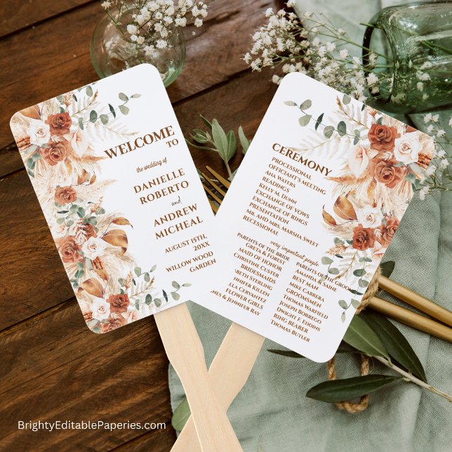  Bright Terracotta Pampas Grass Wedding Program Hand Fan (Brighten Your Wedding Day with Our Terracotta Pampas Grass Hand Fans.)