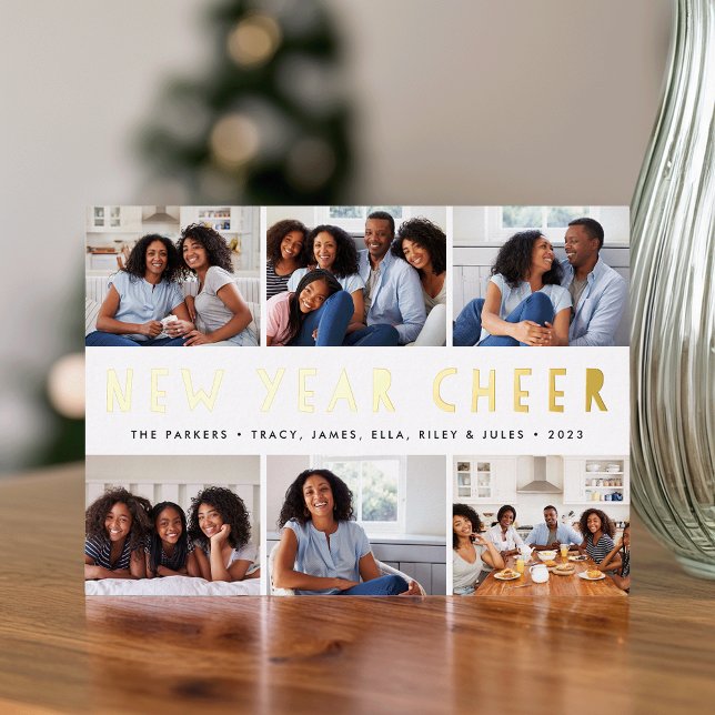 Bright Tidings | New Year Photo Collage Foil Holiday Card (Creator Uploaded)
