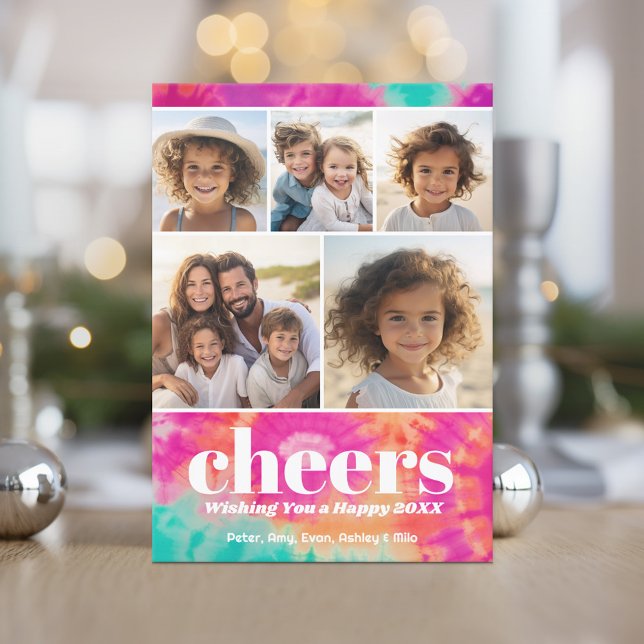 Bright Tie-Dye - 5 Photo - Cheers to New Year Holiday Card (Retro Tie Dye Pattern Christmas Card. Add a little color to your holiday with this online photo card)