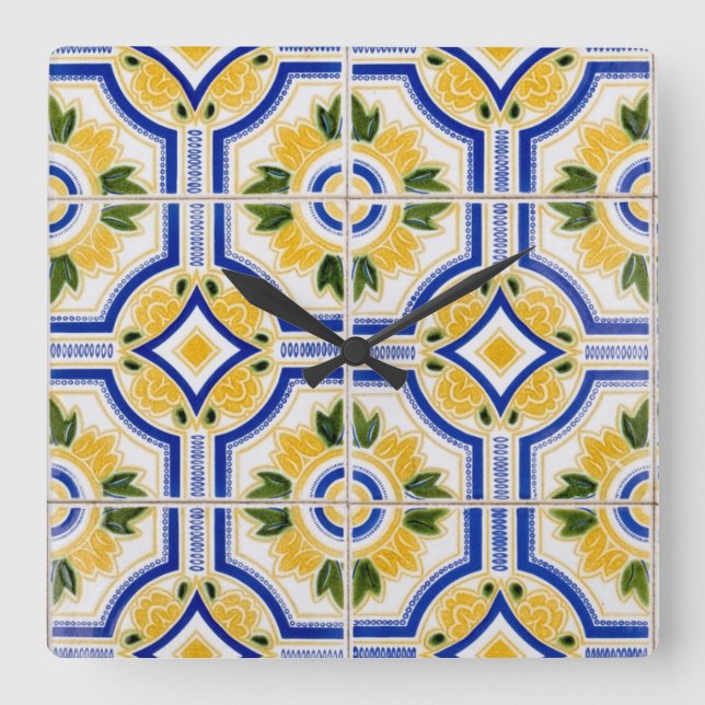 Bright tile pattern, Portugal Square Wall Clock (Front)