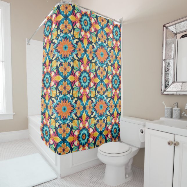 Bright Tile Pattern Warm Mediterranean Colourful Shower Curtain (In Situ)