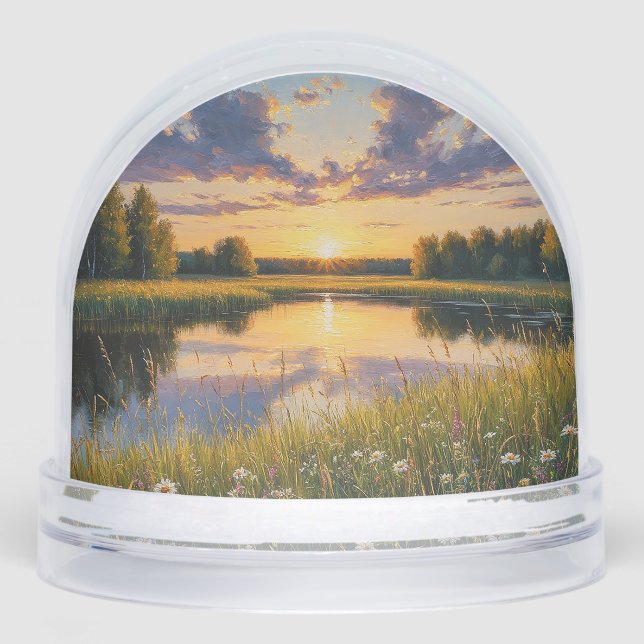 Bright Tranquil Sunset Over a Serene Lake Snowglobe (Front)