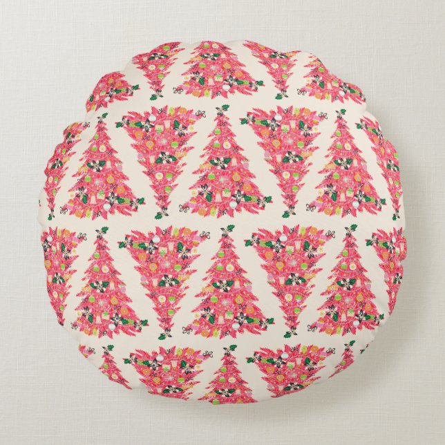 bright trendy pink festive christmas tree  round cushion (Front)