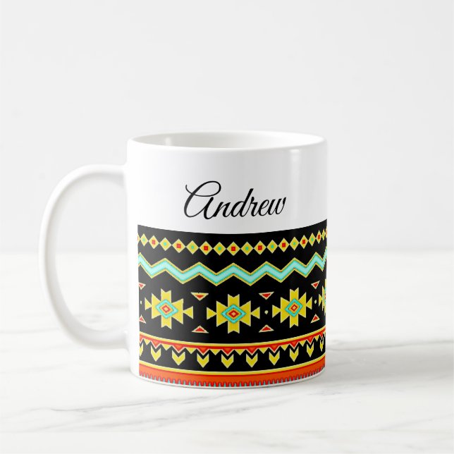 Bright tribal design personalised coffee mug (Left)