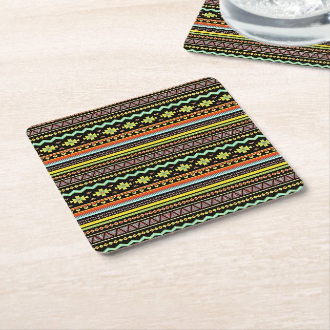 Bright tribal design square paper coaster (Angled)