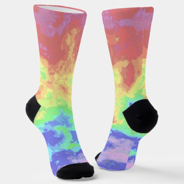 Bright Trippy Retro Groovy Boho Hippie Rainbow Socks (Angled)