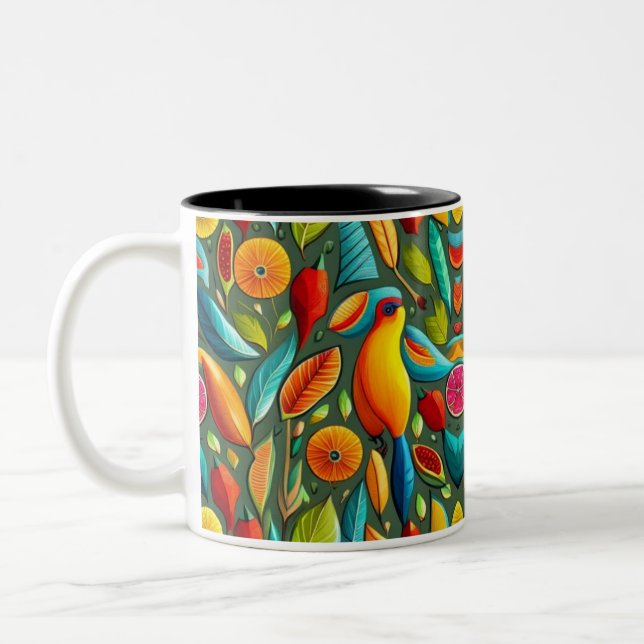 Bright tropical bird pattern Two-Tone coffee mug (Left)