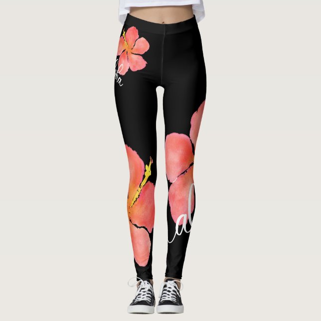 Bright, Tropical Floral Aloha Hibiscus Leggings (Front)