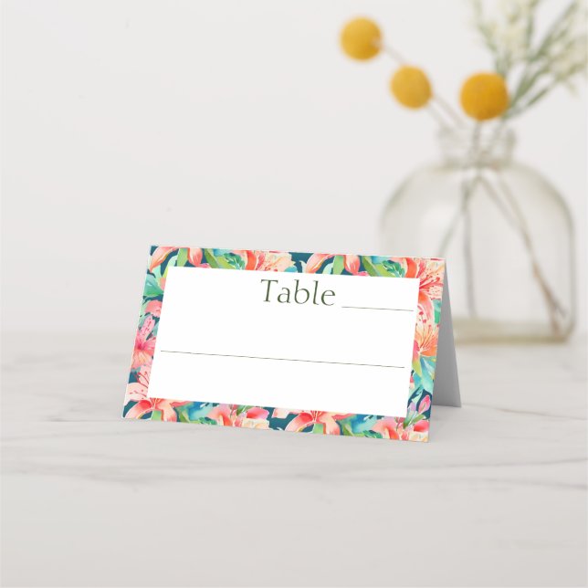 Bright Tropical Floral Botanical Wedding Reception Place Card (Front)