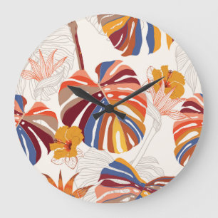 Bright Tropical Floral Hand Drawn Large Clock