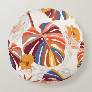 Bright Tropical Floral Hand Drawn Round Cushion