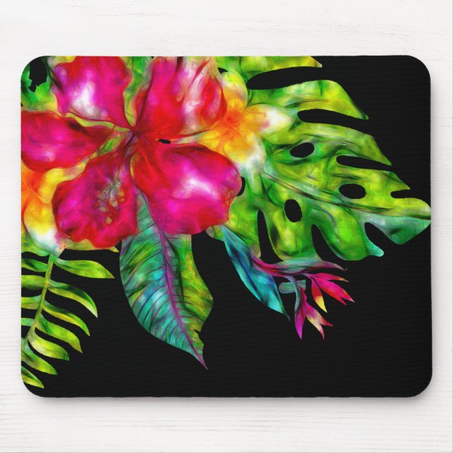 Bright Tropical Floral Hibiscus & Leaves Mouse Pad (Front)