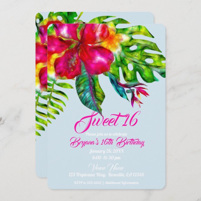 Bright Tropical Floral Hibiscus & Leaves Sweet 16 Invitation (Front/Back)