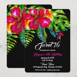 Bright Tropical Floral Hibiscus & Leaves Sweet 16 Invitation