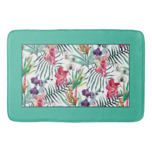 Bright Tropical Floral Pattern with Aqua Border Bath Mat